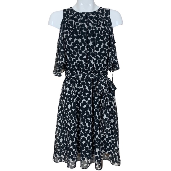 Calvin Klein Polka Dot Print Cold Shoulder Dress with Tie Belt Size 8 NWT - Picture 3 of 11